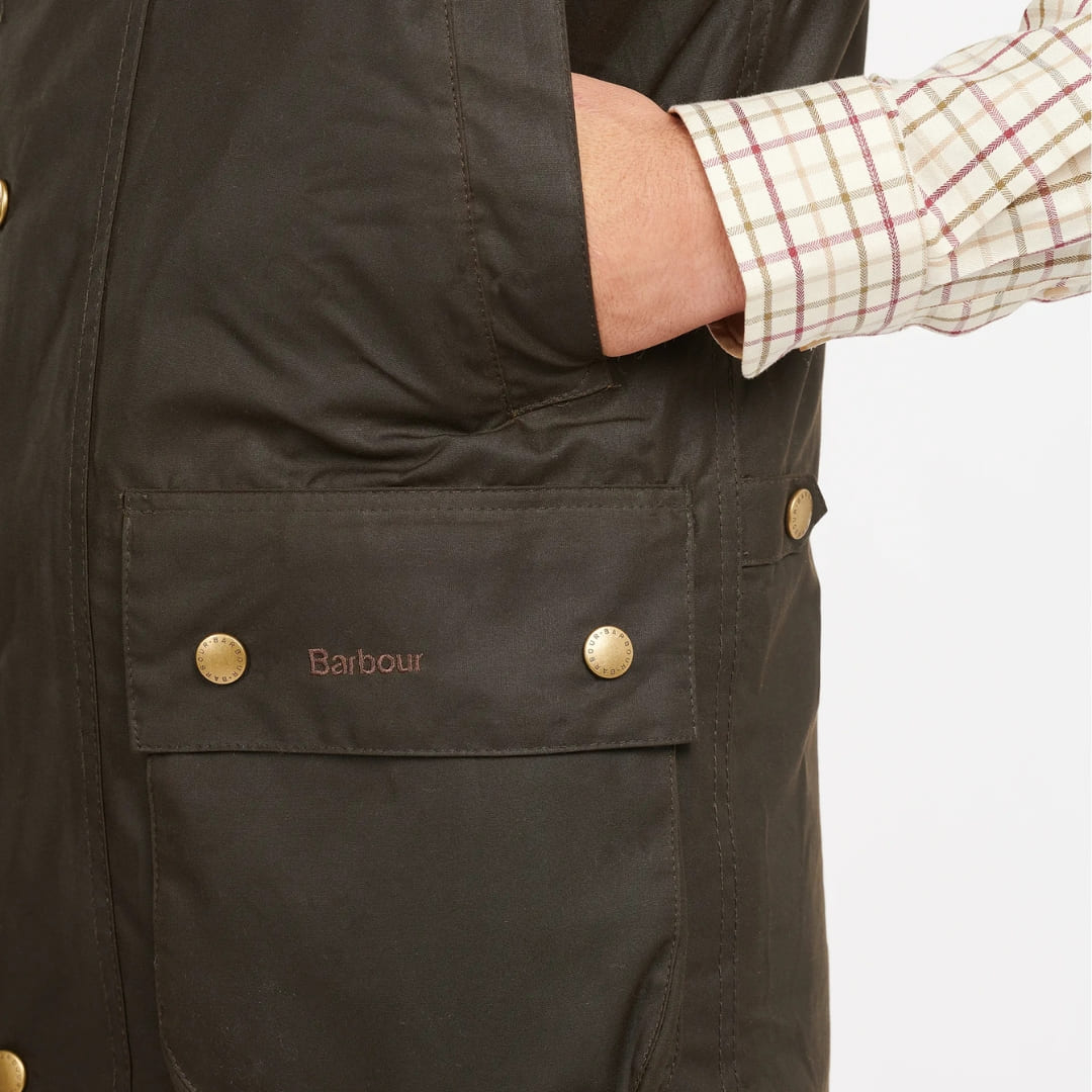 Barbour Westmorland Wax Bodywarmer Olive, Stilvolle Outdoor-Wachsweste.
