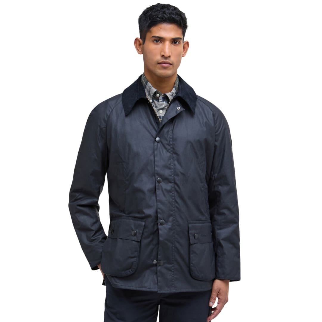 Barbour Ashby Wax Jacket Navy,, corduroy collar, can be worn open and closed Barbour Ashby Wax Jacket Navy, corduroy collar, can be worn open and closed