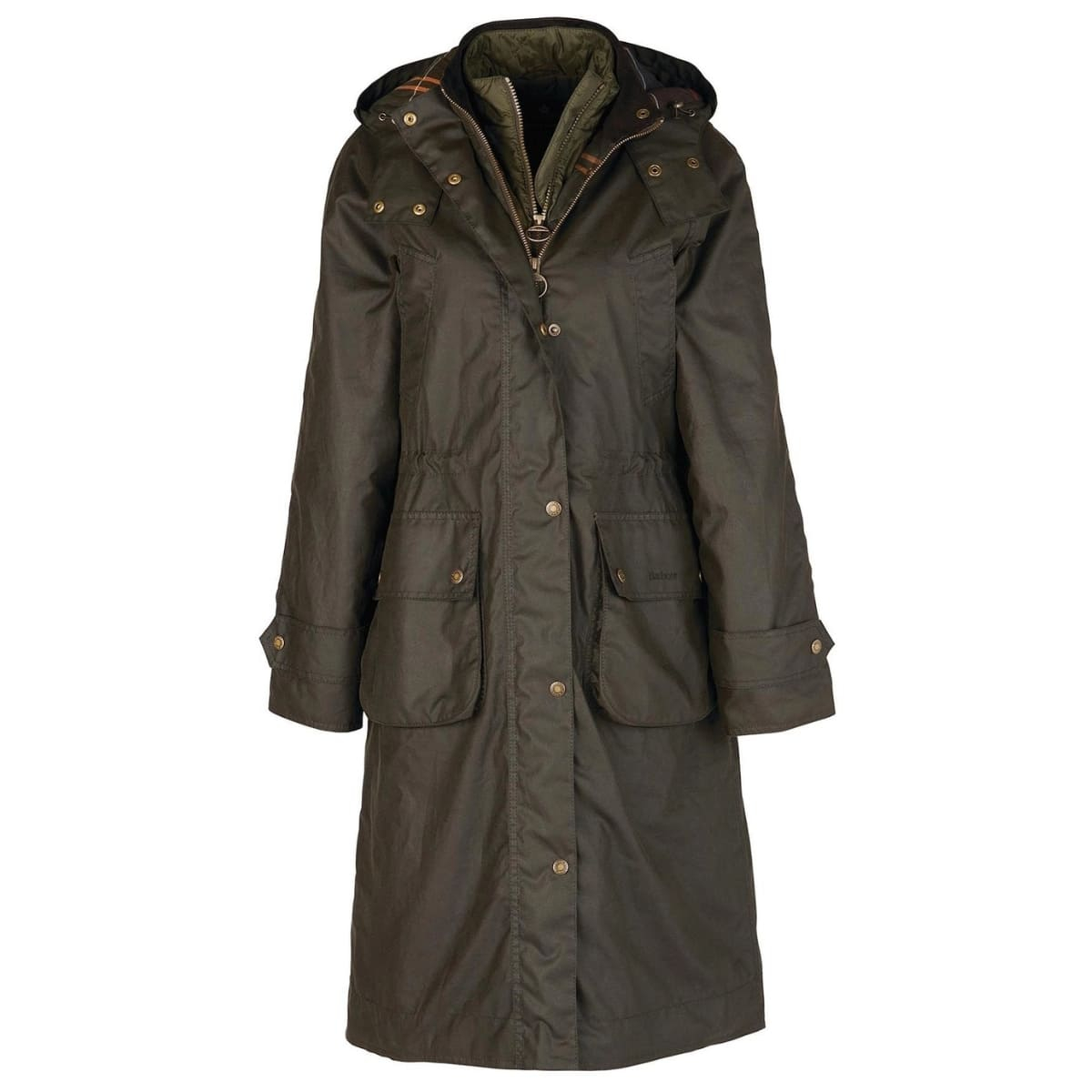 Barbour Long Cannich Wax Jacket in Olive für Damen ist ein langer Parka aus gewachster Baumwolle