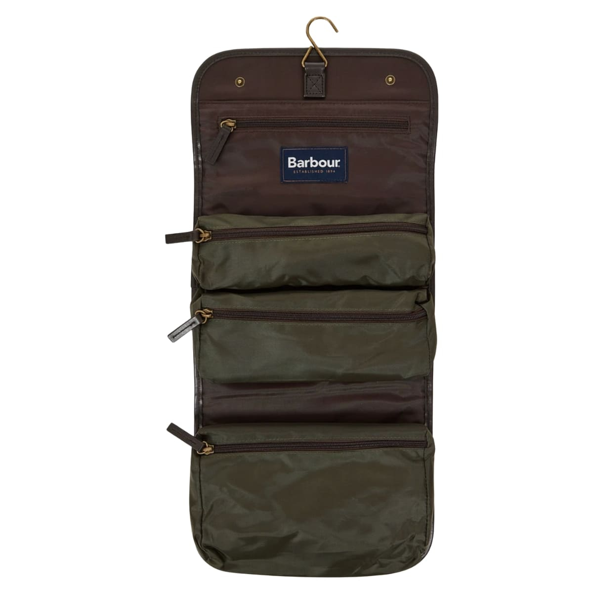 Barbour Wax Hanging Washbag Olive/Beacon, luxuriöses Leder, stilvolles Design, perfekt für organisiertes Reisen