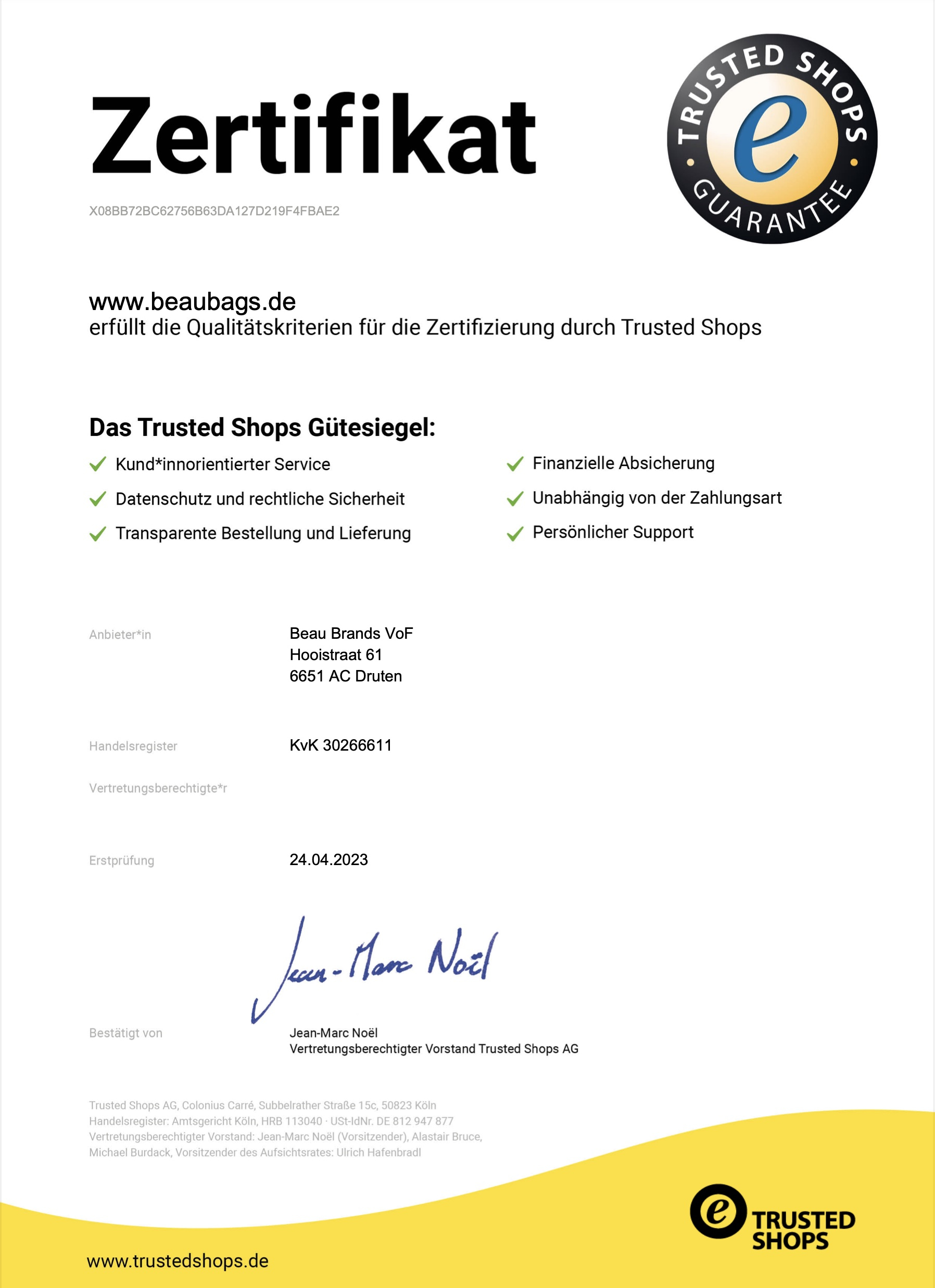 Trusted Shops Zertifikat BeauBags.de