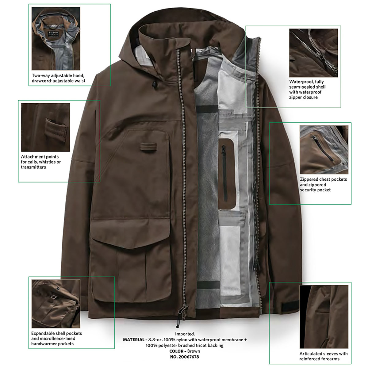 Filson 3-Layer Field Jacket Brown, vollständig nahtversiegelte dreilagige wasserdichte, atmungsaktive Jacke, das Beste vom Besten
