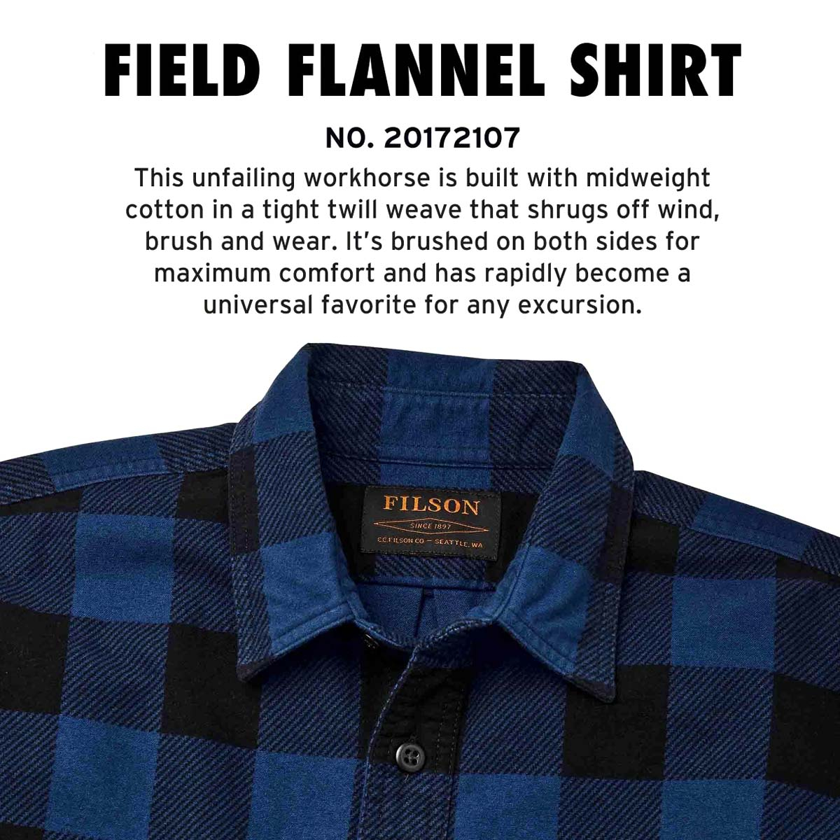 Filson Field Flannel Shirt Cobalt Black Buffalo, Ein ikonisches Hemd in der Entstehung