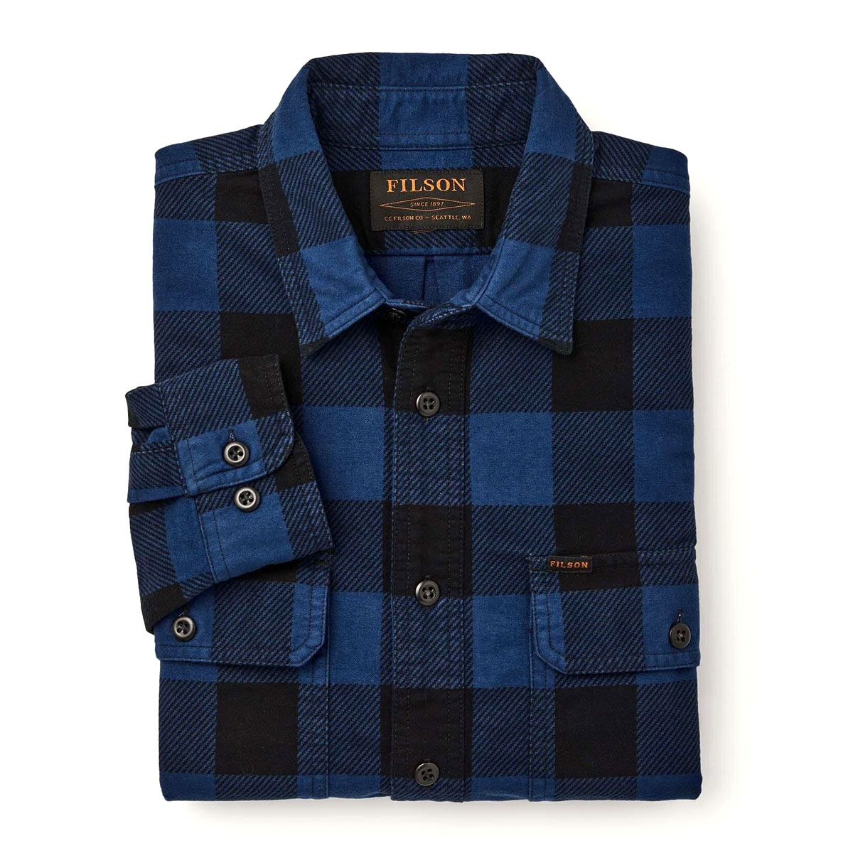Filson Field Flannel Shirt Cobalt Black Buffalo, ein starker, aber leichter Flanell aus gebürsteter Baumwolle. Bequem und ebenso weich wie stark