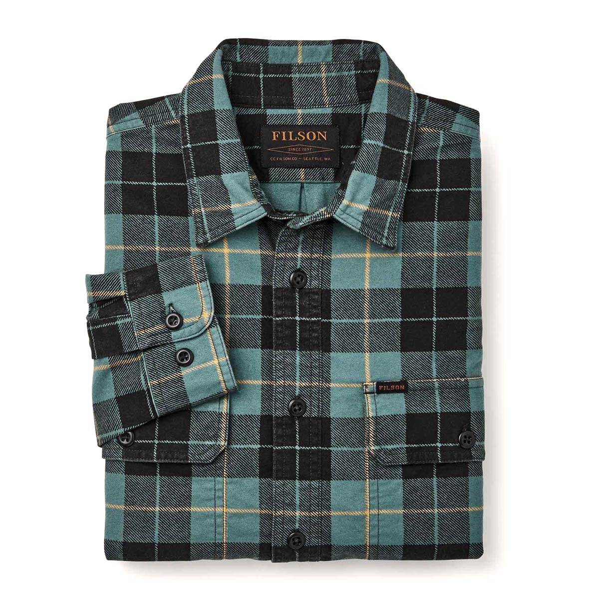Filson Field Flannel Shirt Northcoast Green Print, ein starker, aber leichter Flanell aus gebürsteter Baumwolle. Bequem und ebenso weich wie stark