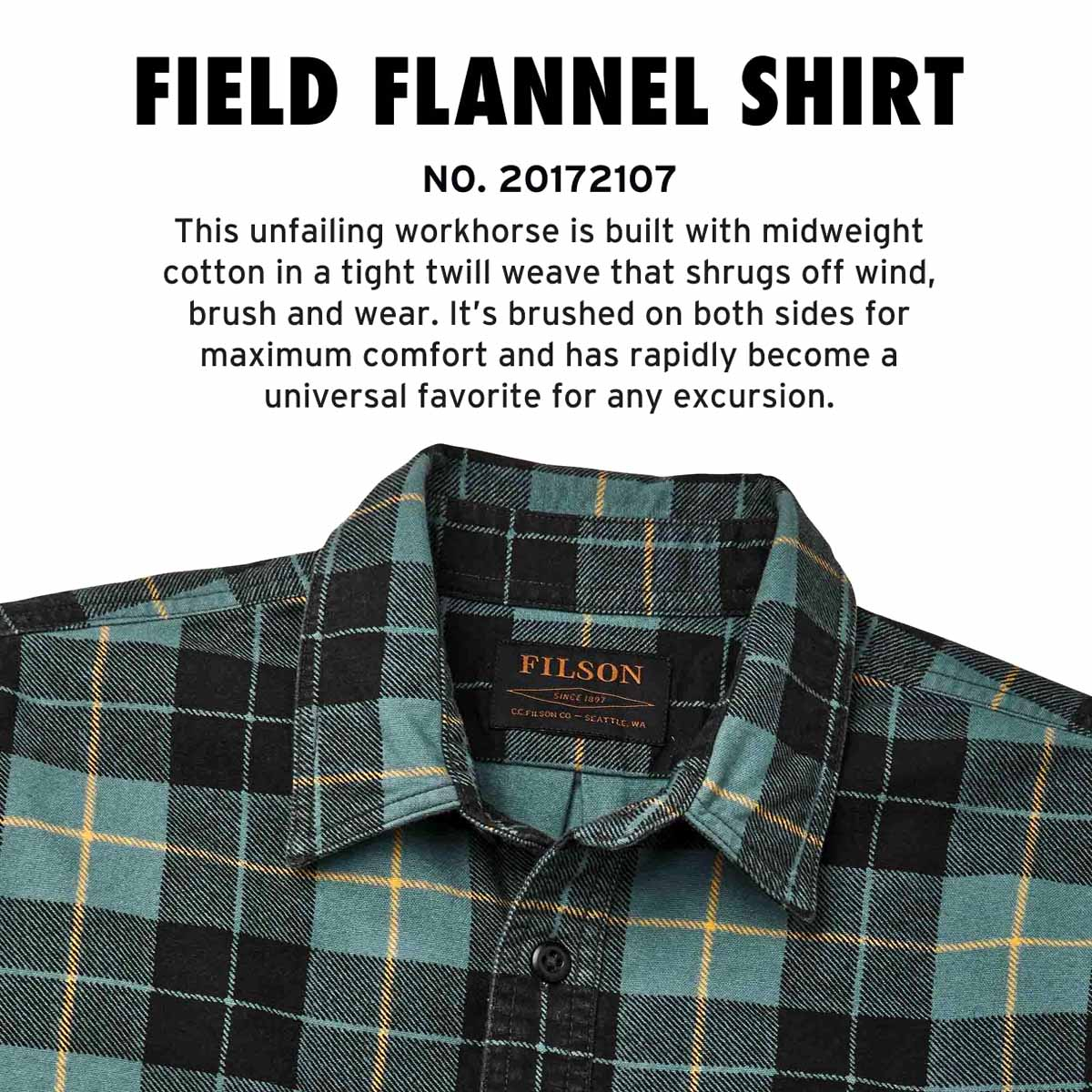 Filson Field Flannel Shirt Northcoast Green Print, Ein ikonisches Hemd in der Entstehung