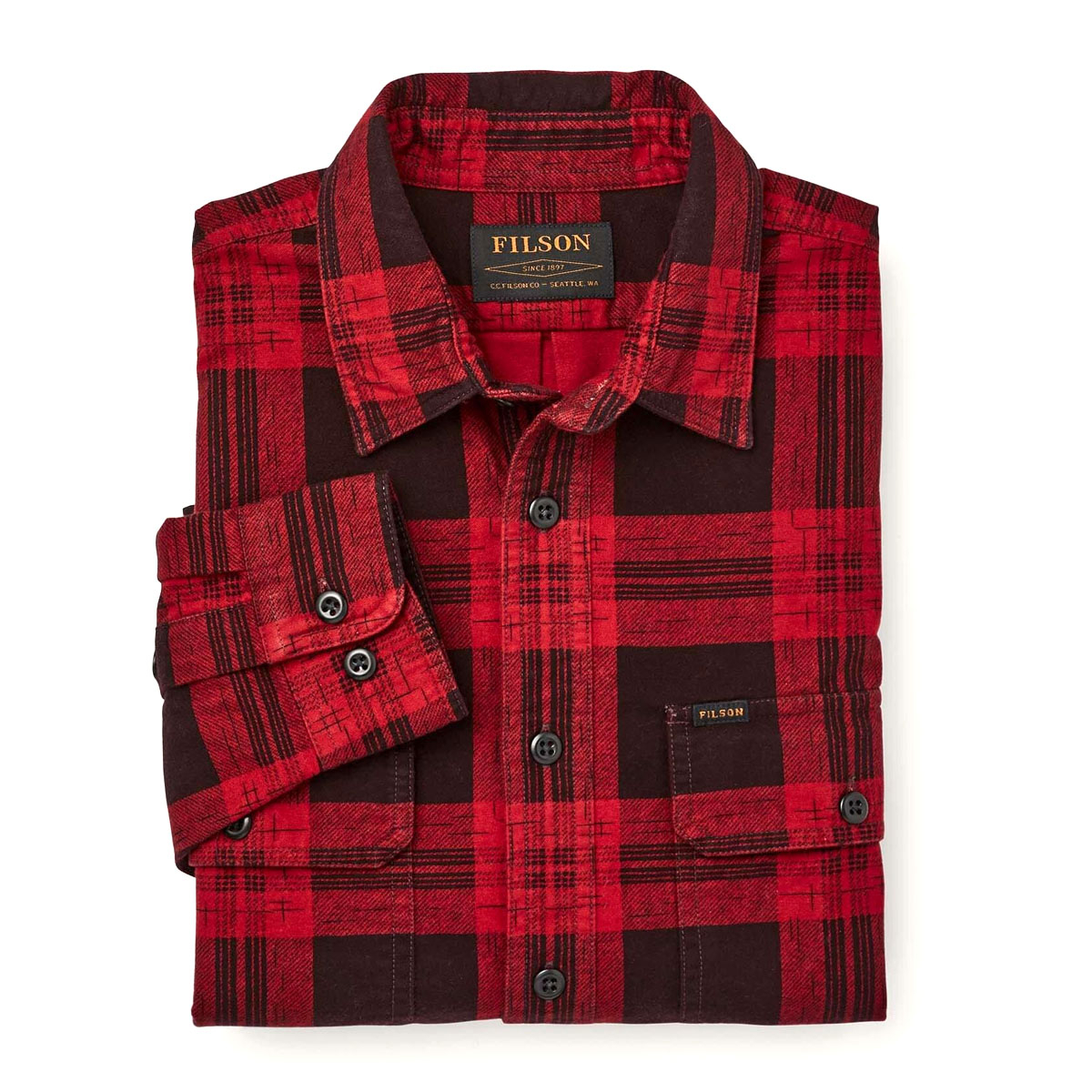 Filson Field Flannel Shirt Red Bark Plaid, ein starker, aber leichter Flanell aus gebürsteter Baumwolle. Bequem und ebenso weich wie stark