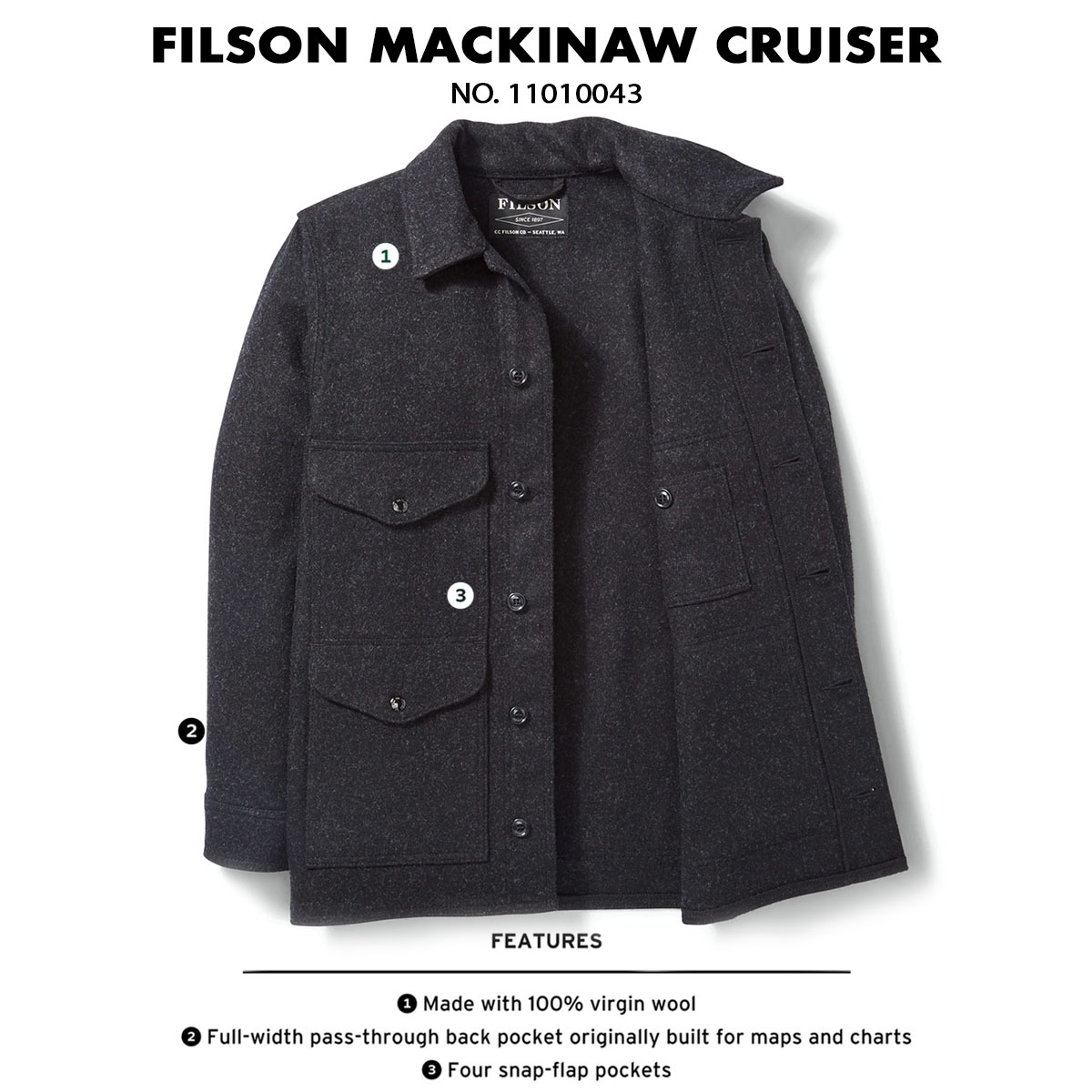 Filson Mackinaw Cruiser Wool Charcoal 11010043, features