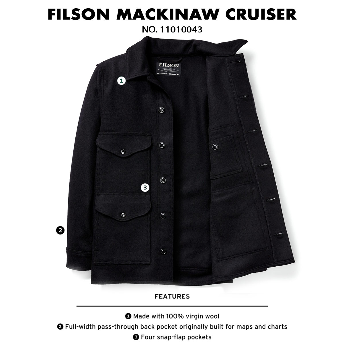 Filson Mackinaw Wool Cruiser Dark Navy 11010043, features