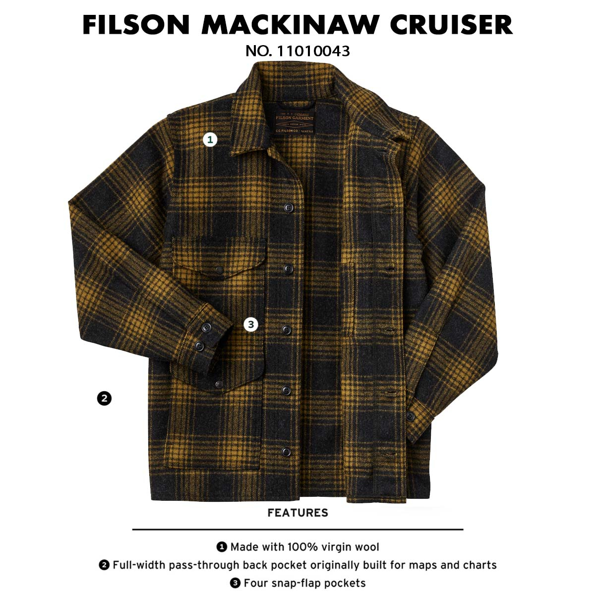 Filson Mackinaw Wool Cruiser Jacket Gold Ochre Omber, patentiert in 1914 und noch immer gefragt, ist aus 100% virgin wool für mehr Komfort hergestellt