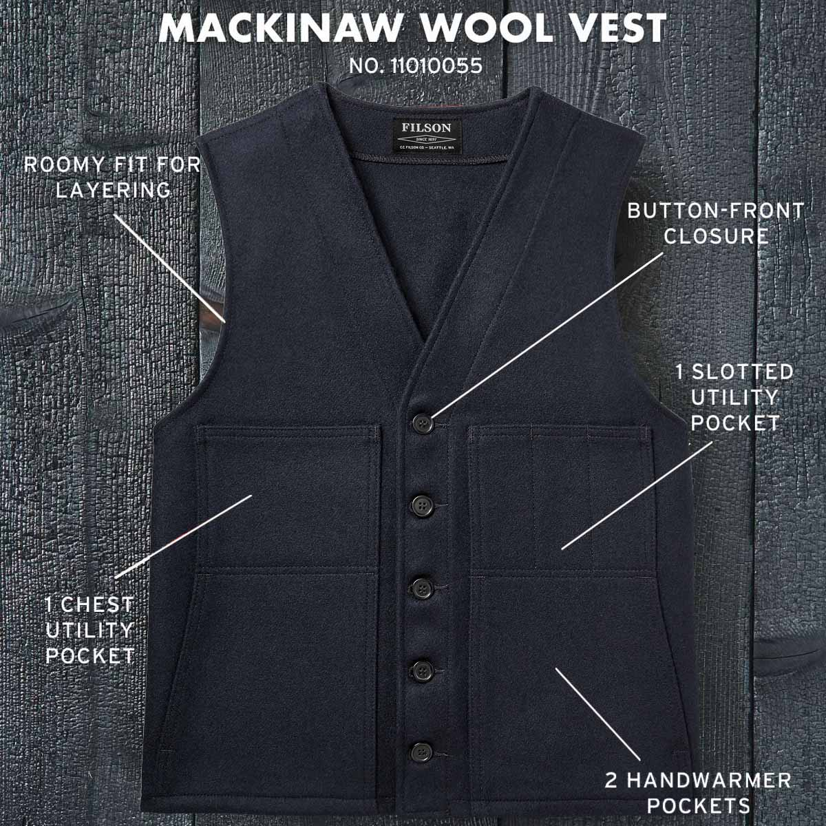 Filson Mackinaw Wool Vest Navy, features.