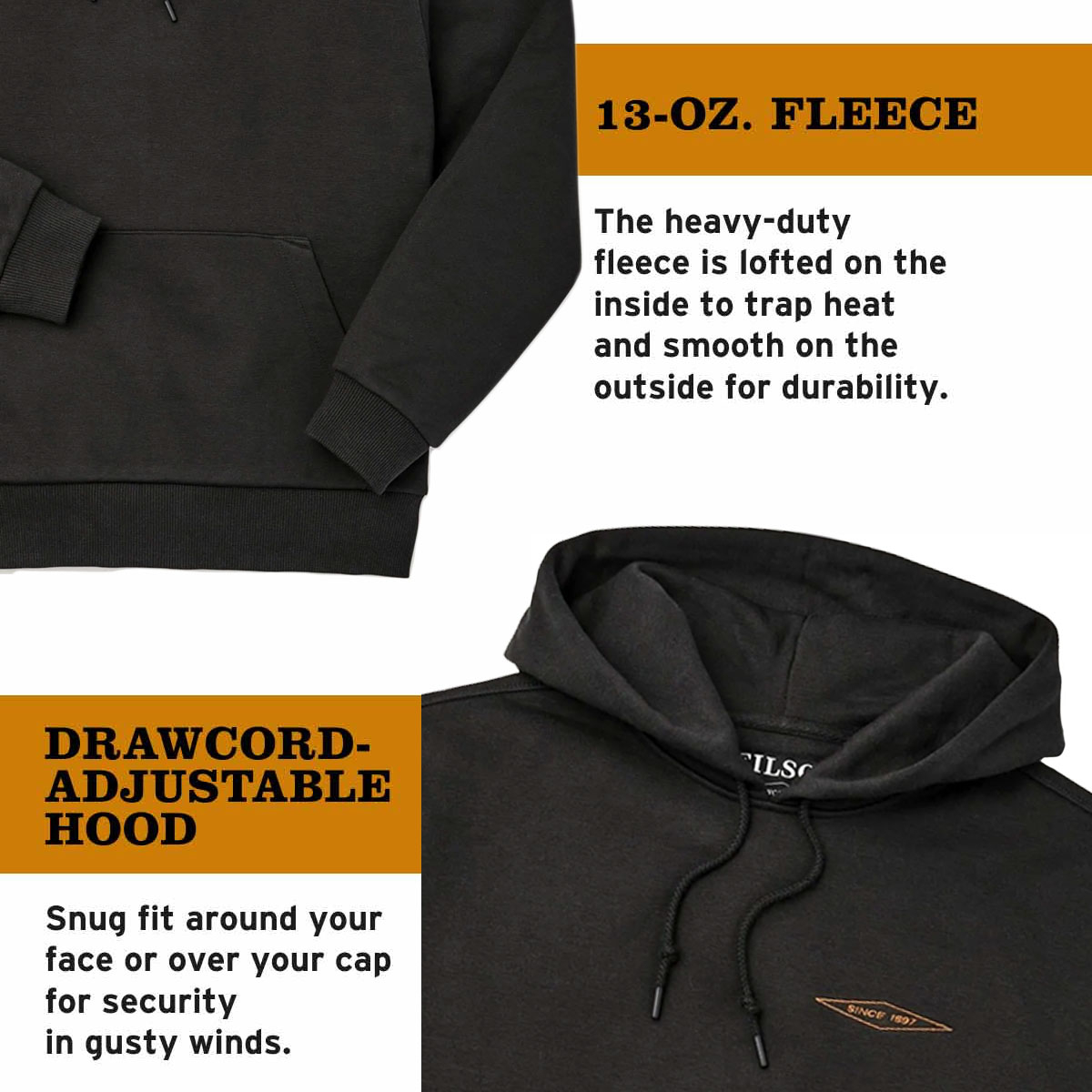Filson Prospector Embroidered Hoodie Faded Black/Gold Diamond, a cool-weather staple built for the long haul