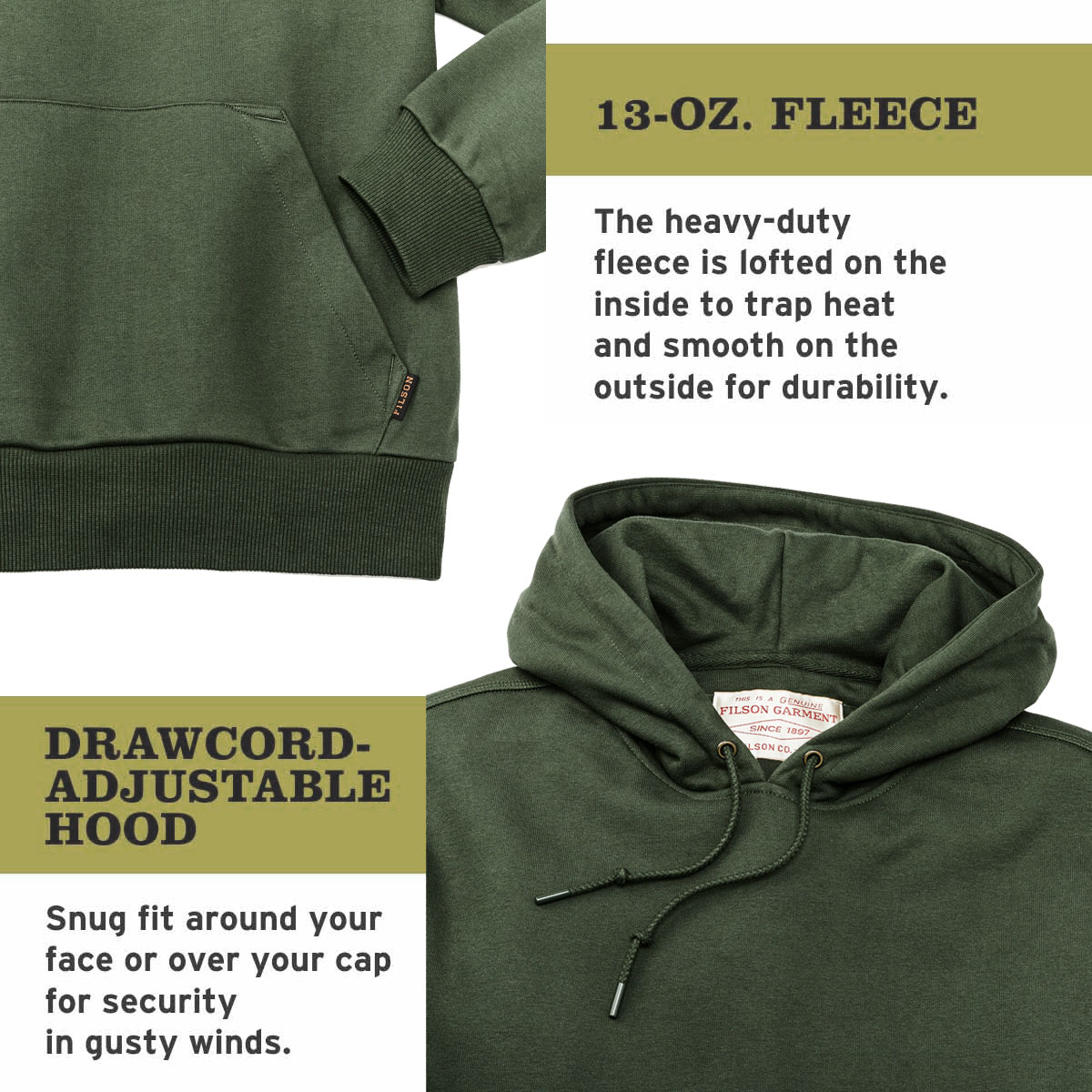Filson Prospector Hoodie Kombu Green, a cool-weather staple built for the long haul