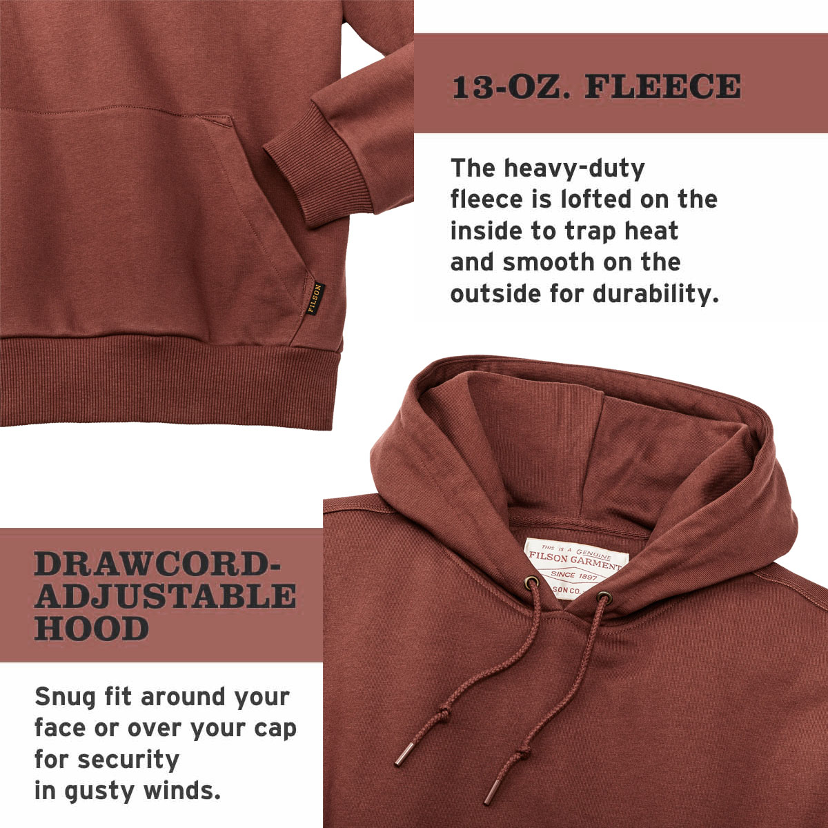 Filson Prospector Hoodie Smoked Paprika, a cool-weather staple built for the long haul