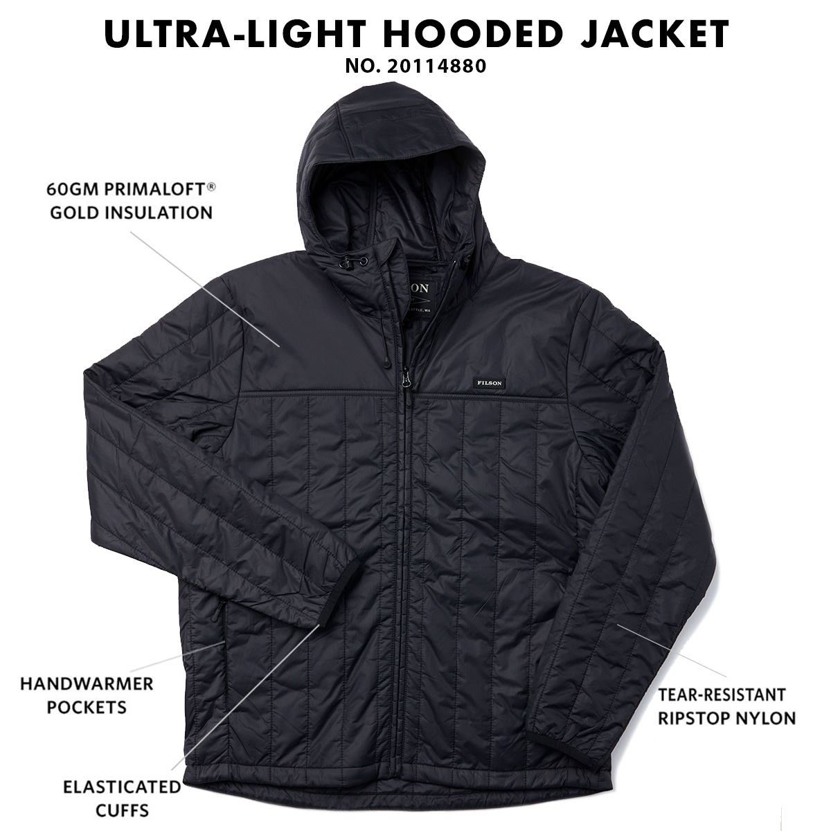 Filson Ultralight Hooded Jacket Black, Winddicht, warm, atmungsaktiv und komprimierbar auch wenn es nass ist