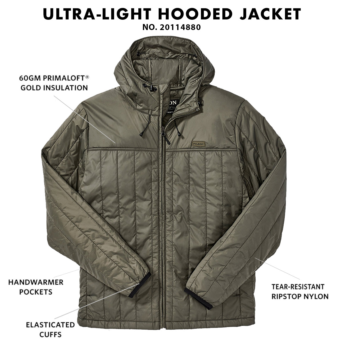 Filson Ultralight Hooded Jacket Olive Gray, Winddicht, warm, atmungsaktiv und komprimierbar auch wenn es nass ist