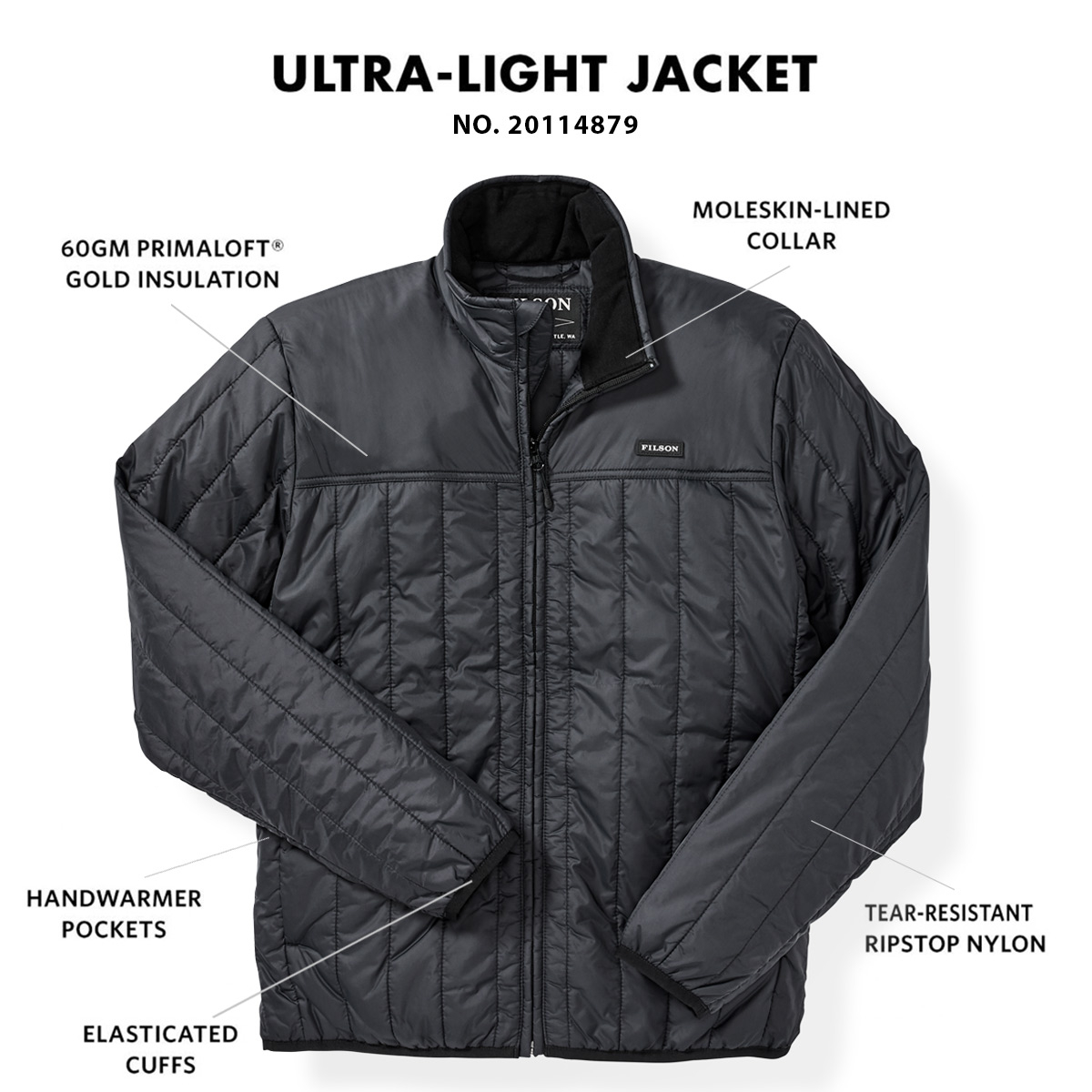 Filson Ultralight Jacket Black, mit Cordura® Ripstop nylon und 60gm PrimaLoft® Gold insulation