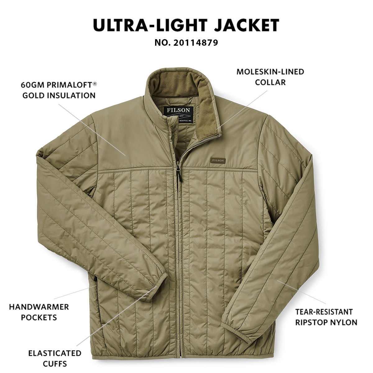 Filson Ultralight Jacket Olive Branch, Ultraleichte PrimaLoft® Gold 60g Jacke mit außergewöhnlichem Wärme-Gewichtsverhältnis