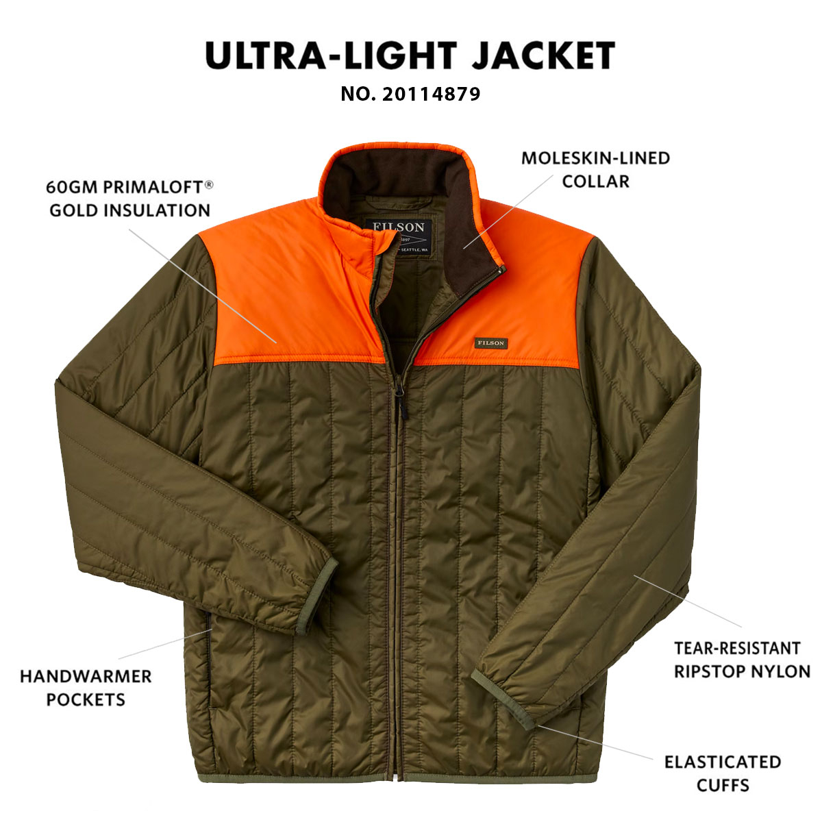 Filson Ultralight Jacket Surplus Green Blaze, Ultraleichte PrimaLoft® Gold 60g Jacke mit außergewöhnlichem Wärme-Gewichtsverhältnis