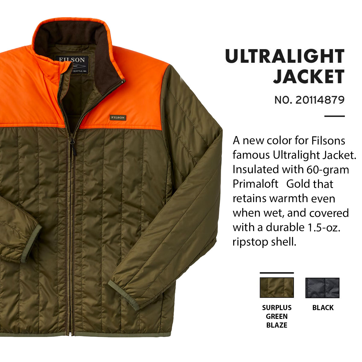 Filson Ultralight Jacket Surplus Green Blaze, perfekt als äußere Schicht oder unter einer Jacke für Wärme bei extremer Kälte