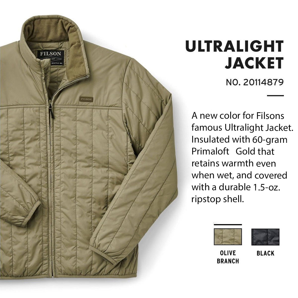 Filson Ultralight Jacket Olive Branch, perfekt als äußere Schicht oder unter einer Jacke für Wärme bei extremer Kälte