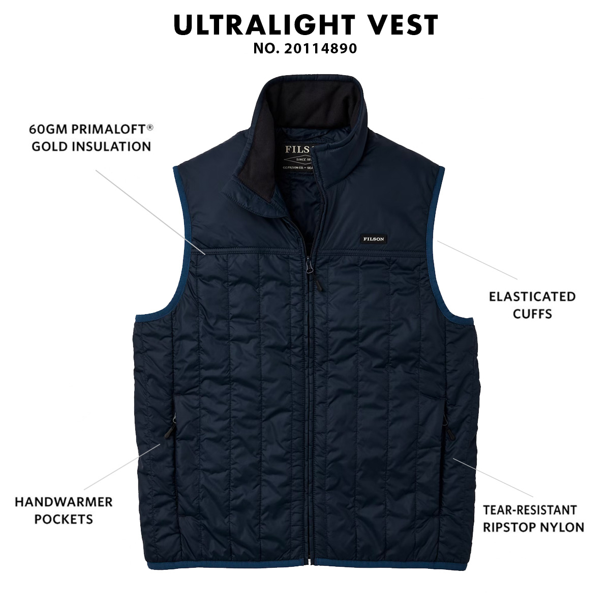 Filson Ultralight Vest Blue Coal, perfekt als Außenhülle oder unter einer dicken Jacke geeignet und sorgt für Wärme bei extremer Kälte