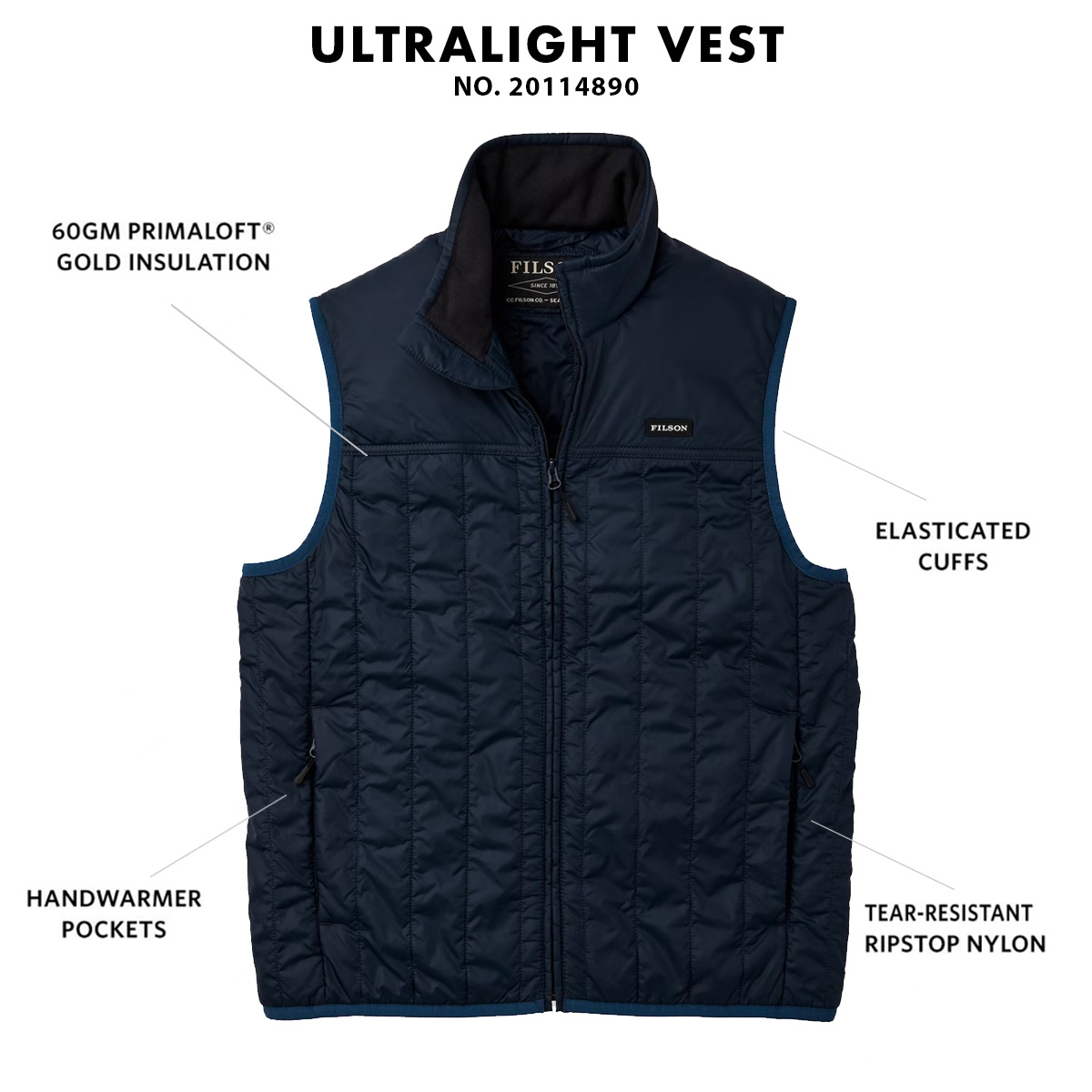 Filson Ultralight Vest Blue Coal, perfekt als Außenhülle oder unter einer dicken Jacke geeignet und sorgt für Wärme bei extremer Kälte