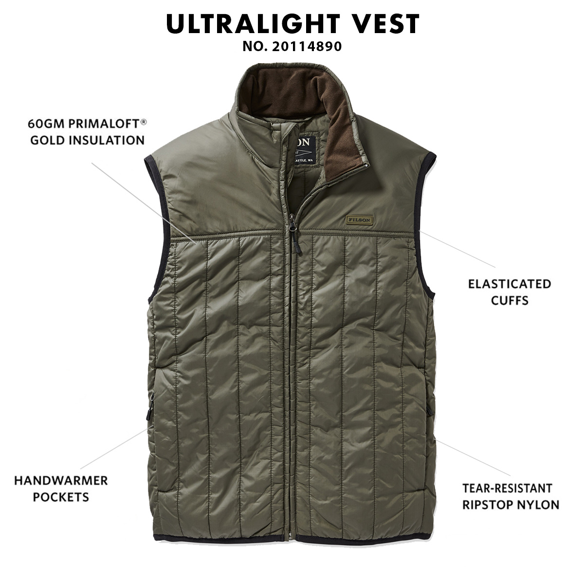 Filson Ultralight Vest Olive Gray, mit Cordura® Ripstop nylon und 60gm PrimaLoft® Gold insulation