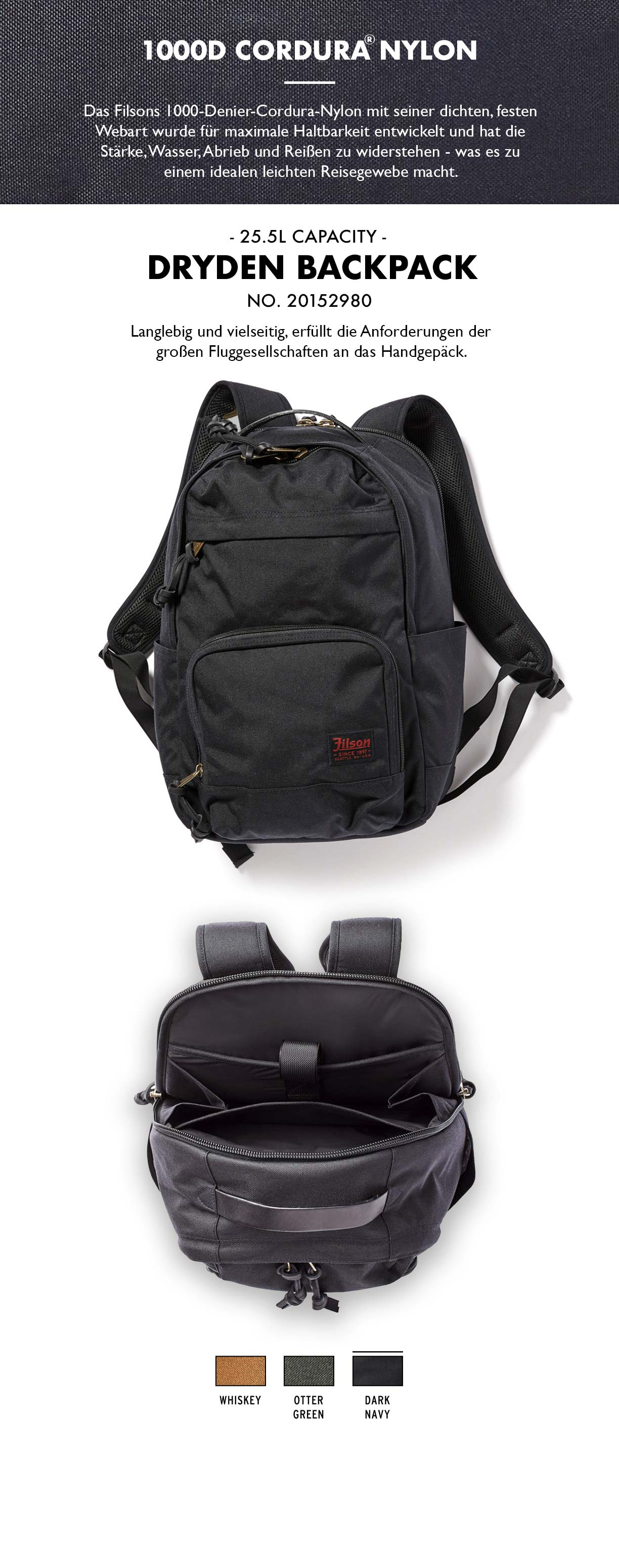 Filson Dryden Backpack Filson Dryden Backpack Dark Navy, zippered back pocket with padded laptop compartment Produkt-informationen