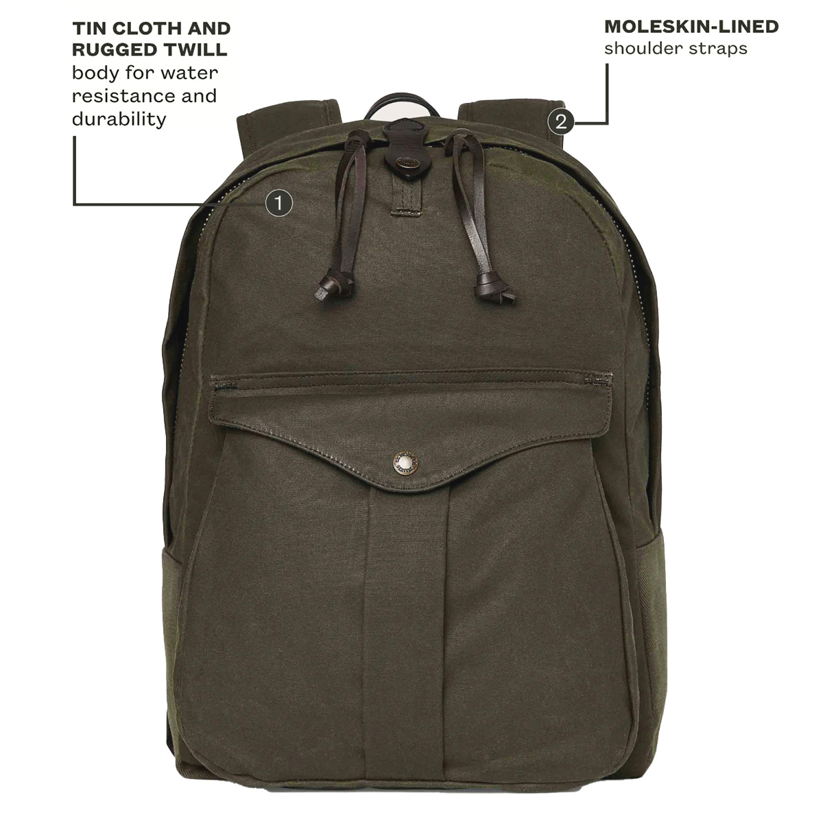 Filson Journeyman Backpack 20231638 Otter Green, hergestellt aus Tin Cloth und Rugged Twill Canvas für Wasserdichtigkeit und Langlebigkeit