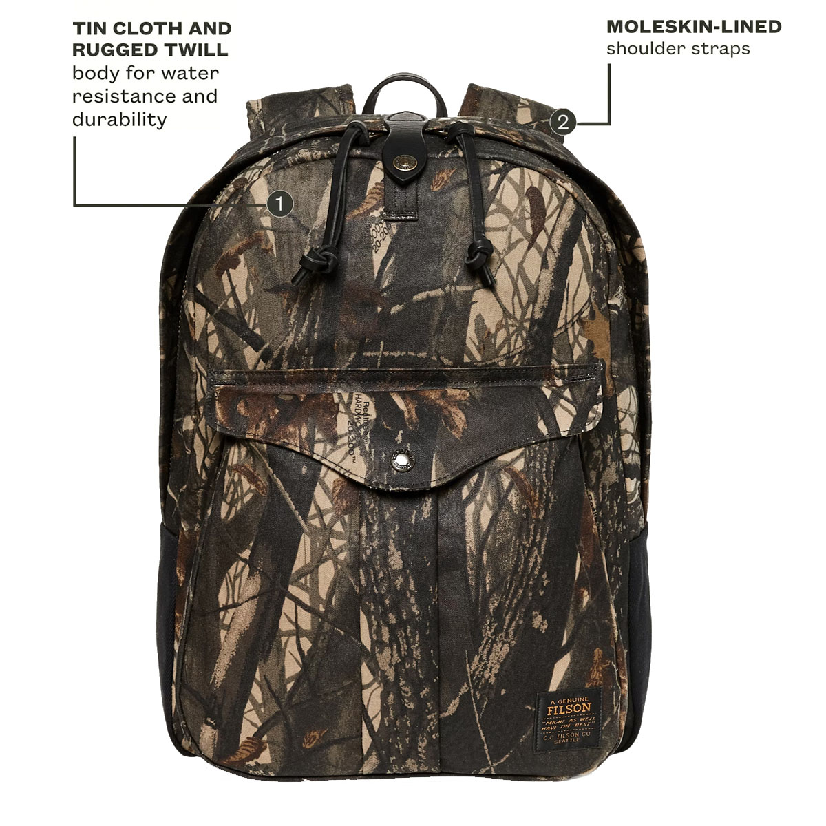 Filson Journeyman Backpack Realtree Hardwoods Camo, hergestellt aus Tin Cloth und Rugged Twill Canvas für Wasserdichtigkeit und Langlebigkeit