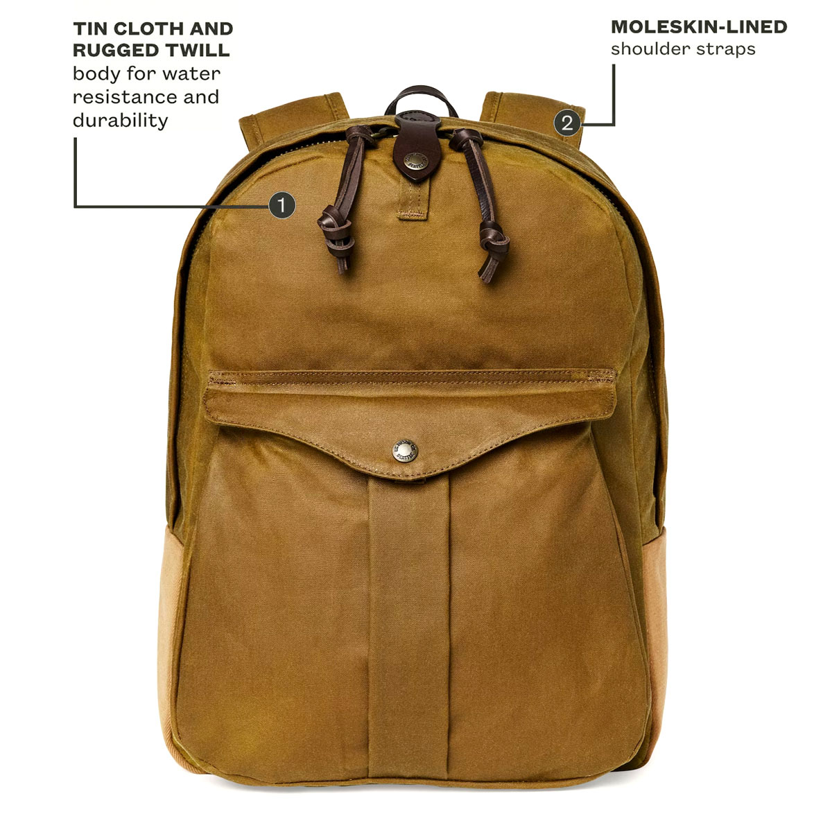 Filson Journeyman Backpack Tan, hergestellt aus Tin Cloth und Rugged Twill Canvas für Wasserdichtigkeit und Haltbarkeit