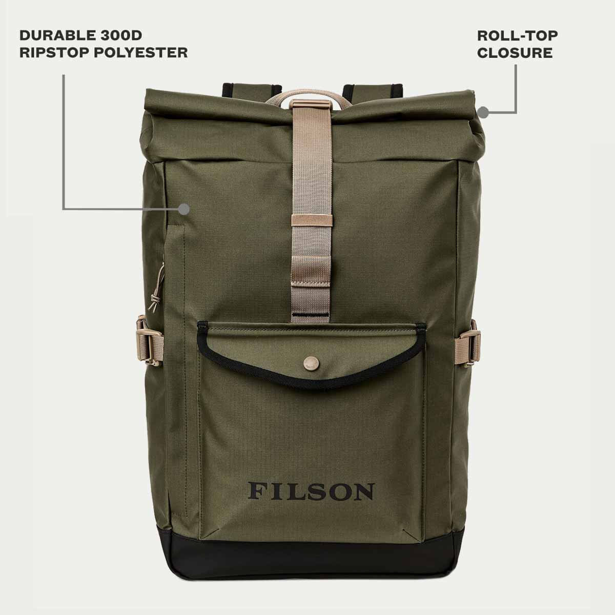 Filson Scout Backpack Olive/Black/Covert, Features erklärt Vorderseite