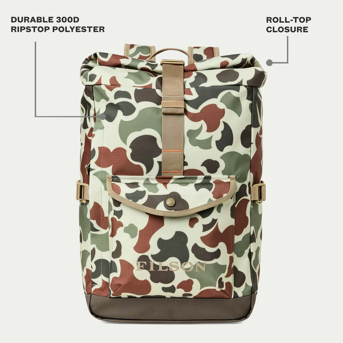 Filson All-Weather Backpack Shrub Camo/Canteen/Covert, Features erklärt Vorderseite