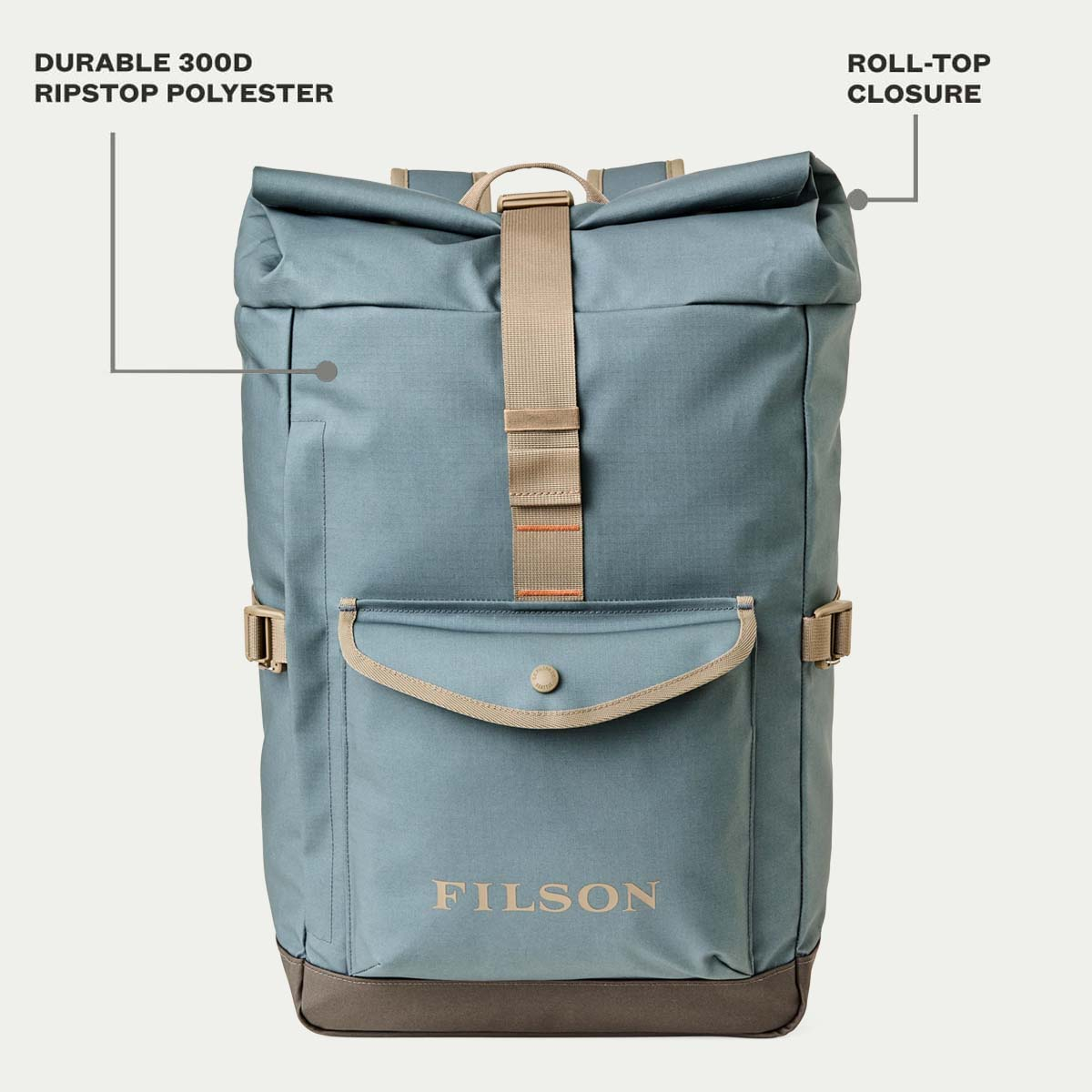 Filson All-Weather Backpack Slate/Canteen/Covert, Features erklärt Vorderseite