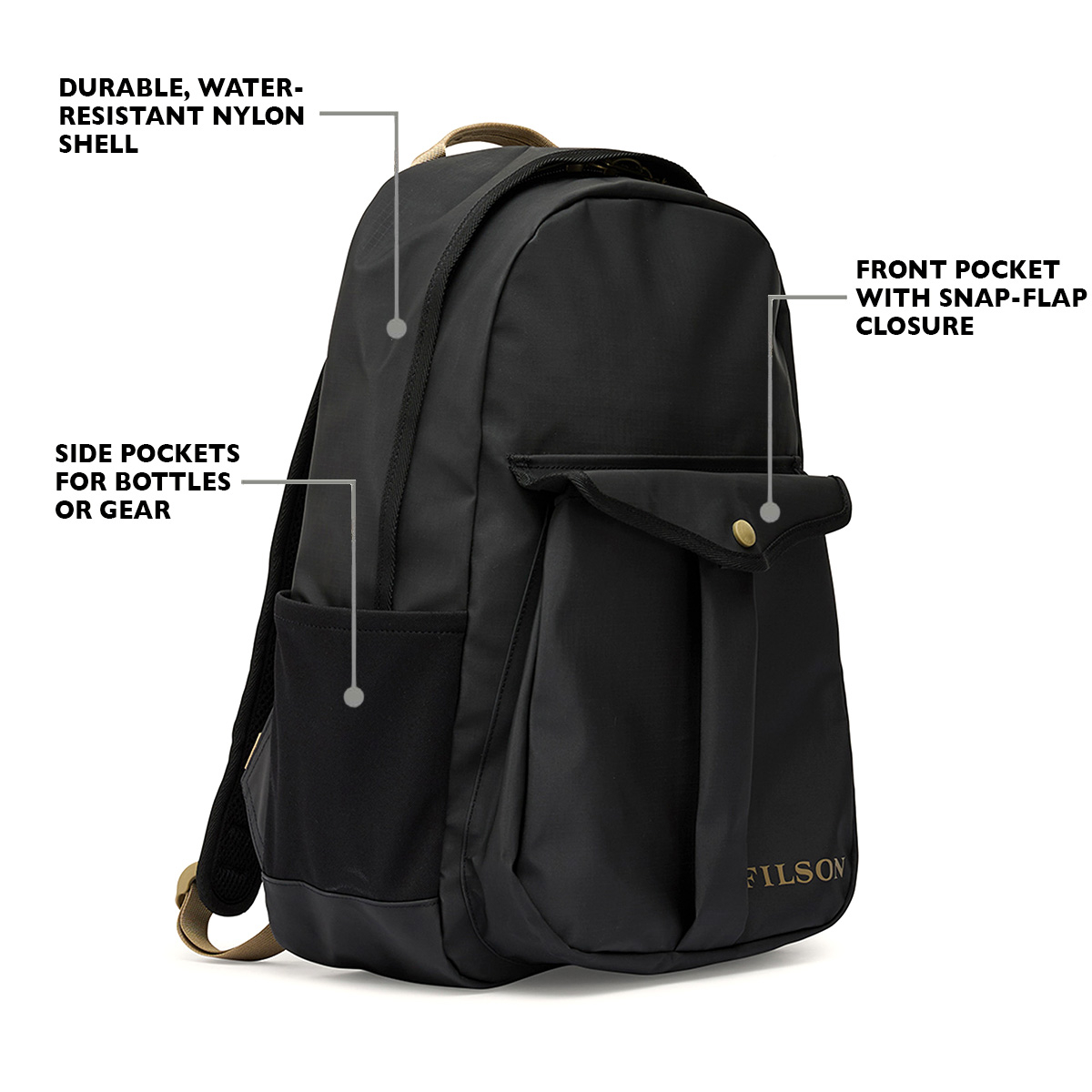 Filson Scout Journeyman Backpack Black/Covert, Eigenschaften Vorderseite erkl&auml;rt