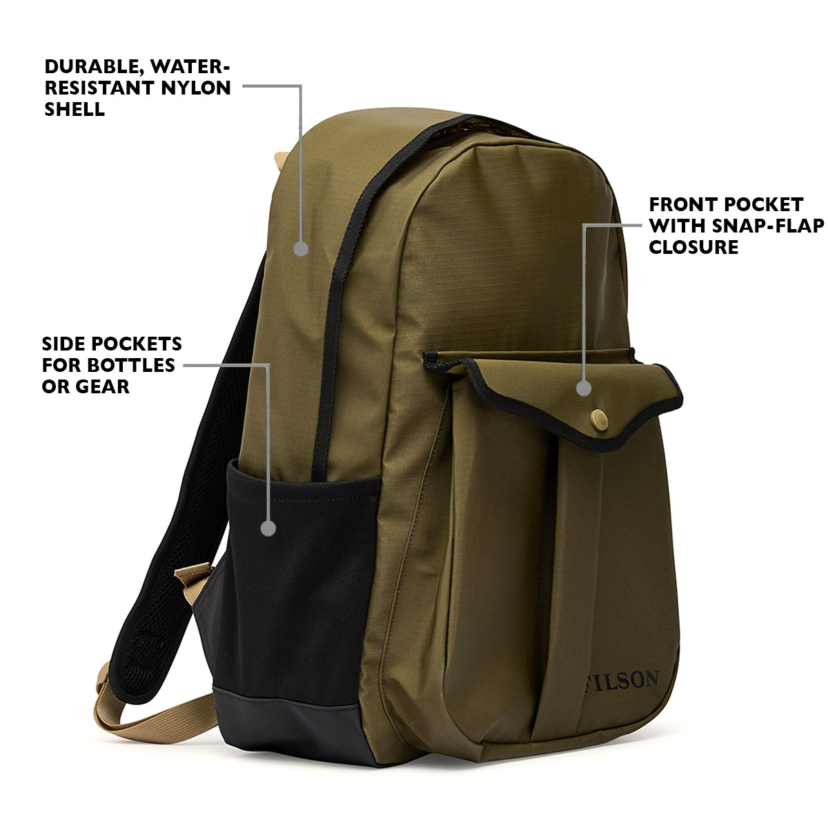 Filson Scout Journeyman Backpack Olive/Black/Covert, Eigenschaften Vorderseite erklärt