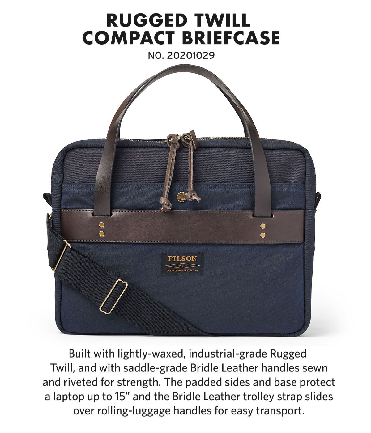 Filson Compact Briefcase Navy, Entworfen und gewebt aus Rugged Twill, Filsons langlebigstem und strapazierfähigstem Gepäckstoff.