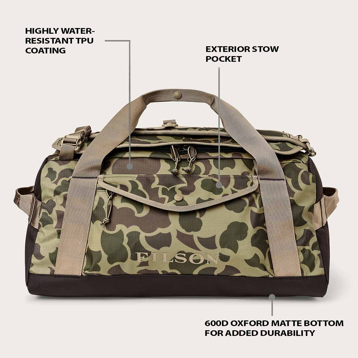 Filson Scout 50L Duffle Tundra/Shrub/Camo, Features erklärt Vorderseite Filson Scout 50L Duffle Tundra/Shrub/Camo, Features erklärt Vorderseite