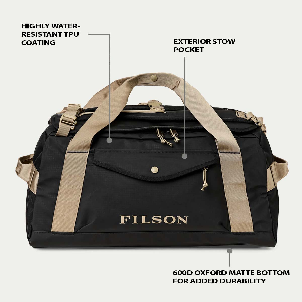 Filson Scout 50L Duffle Black/Covert, Features erklärt Vorderseite