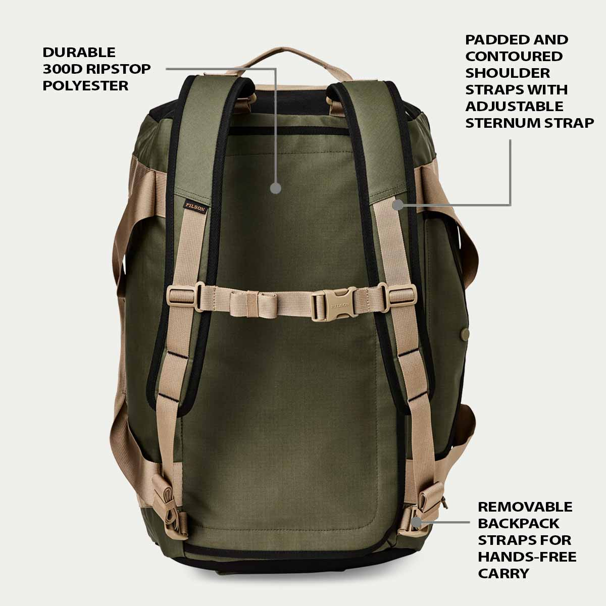 Filson All-Weather 50L Duffle Olive/Black/Covert, Merkmale als Rucksack erklärt