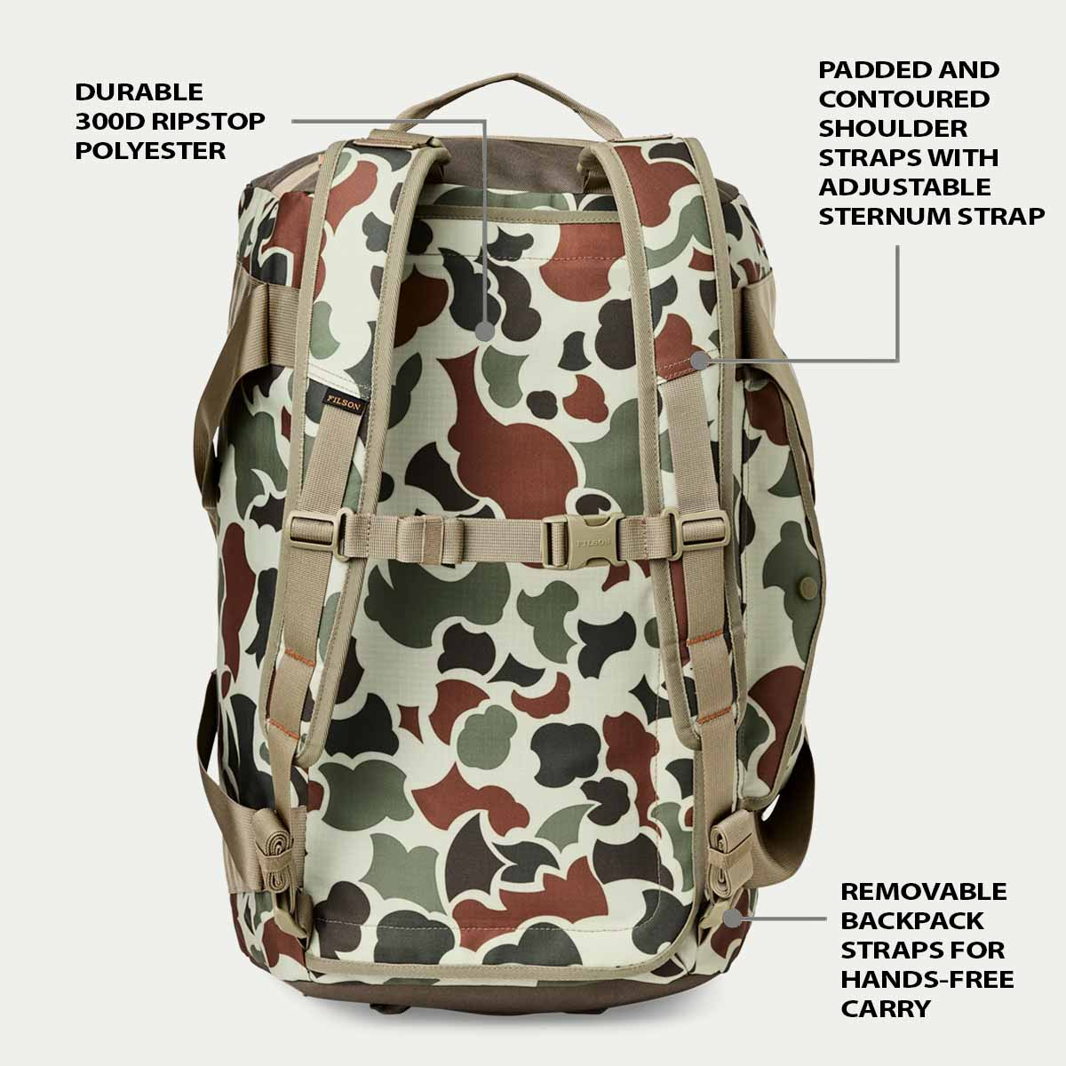 Filson Scout 50L Duffle Shrub Camo/Canteen/Covert, Merkmale als Rucksack erklärt