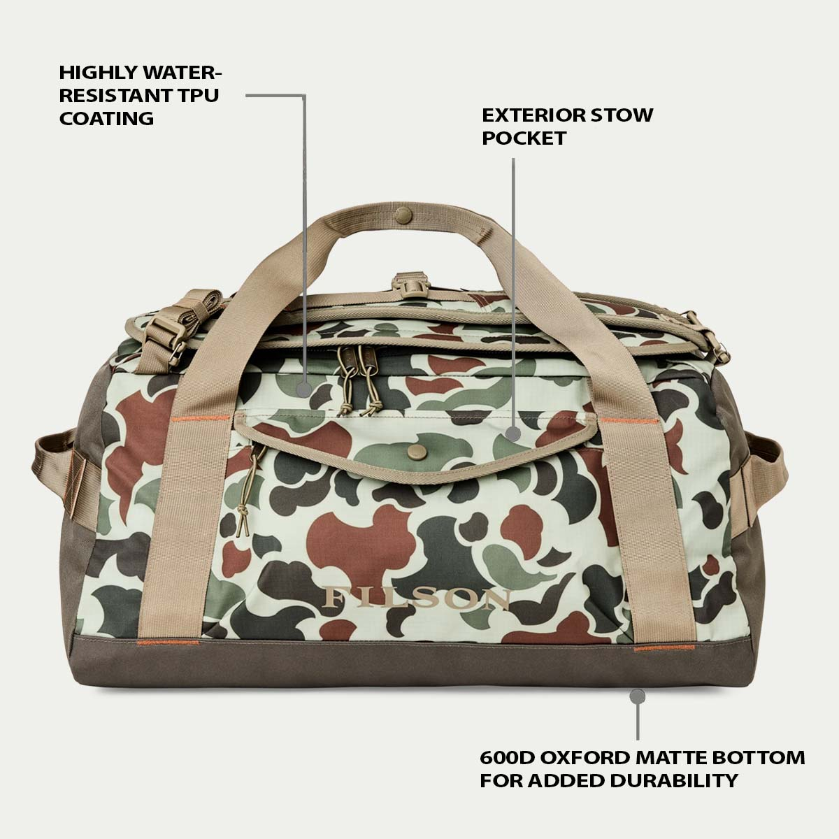 Filson Scout 50L Duffle Shrub Camo/Canteen/Covert, Features erklärt Vorderseite