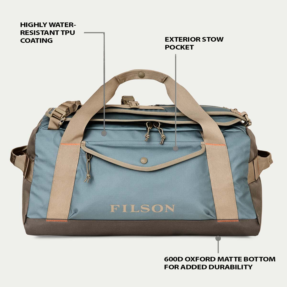 Filson All-Weather 50L Duffle Slate/Canteen/Covert, Features erklärt Vorderseite