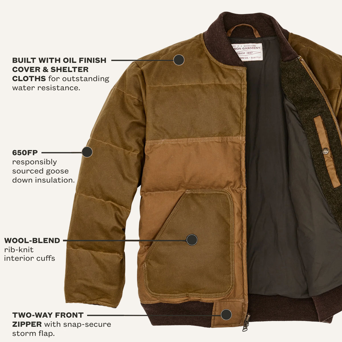 Filson Down Bomber Jacke Dark Tan, Eigenschaften