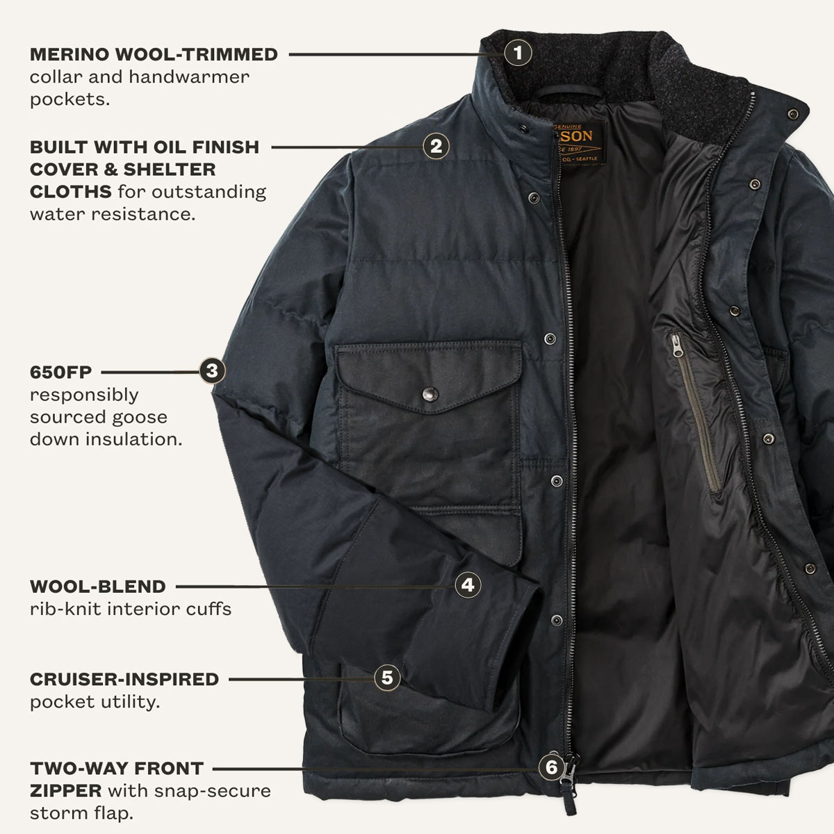 Filson Down Cruiser Jacket Harbor Blue, features Filson Down Cruiser Jacket Harbor Blue, features