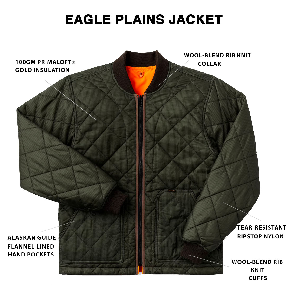Filson Eagle Plains Jacket Liner Surplus Green Blaze, mit Cordura® Ripstop nylon und 100gm PrimaLoft® Gold insulation