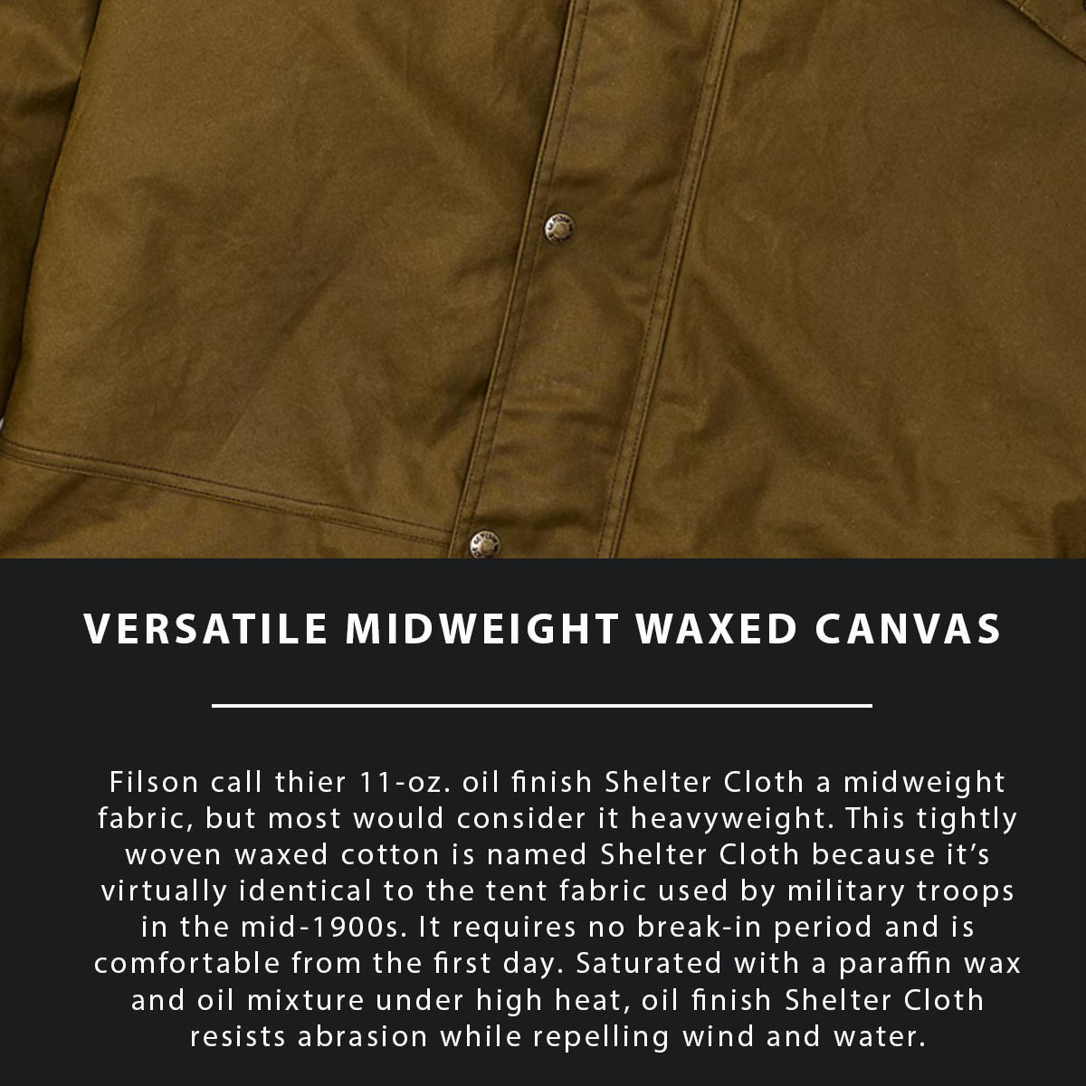 Filson Foul Weather Jacket Dark Tan, Hergestellt aus wasserabweisendem 11-Unzen-Öl-Finish Shelter Cloth