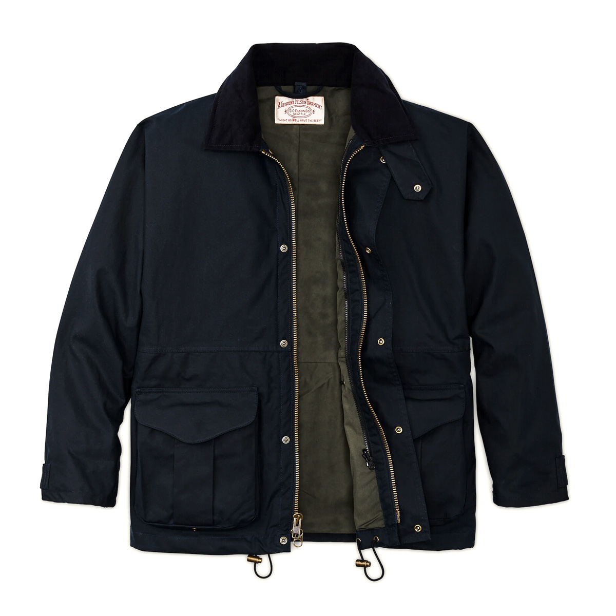 Filson Foul Weather Jacket Harbor Blue, Ein klassischer Regenmantel aus gewachster Baumwolle mit verbesserter Passform und robustem Material