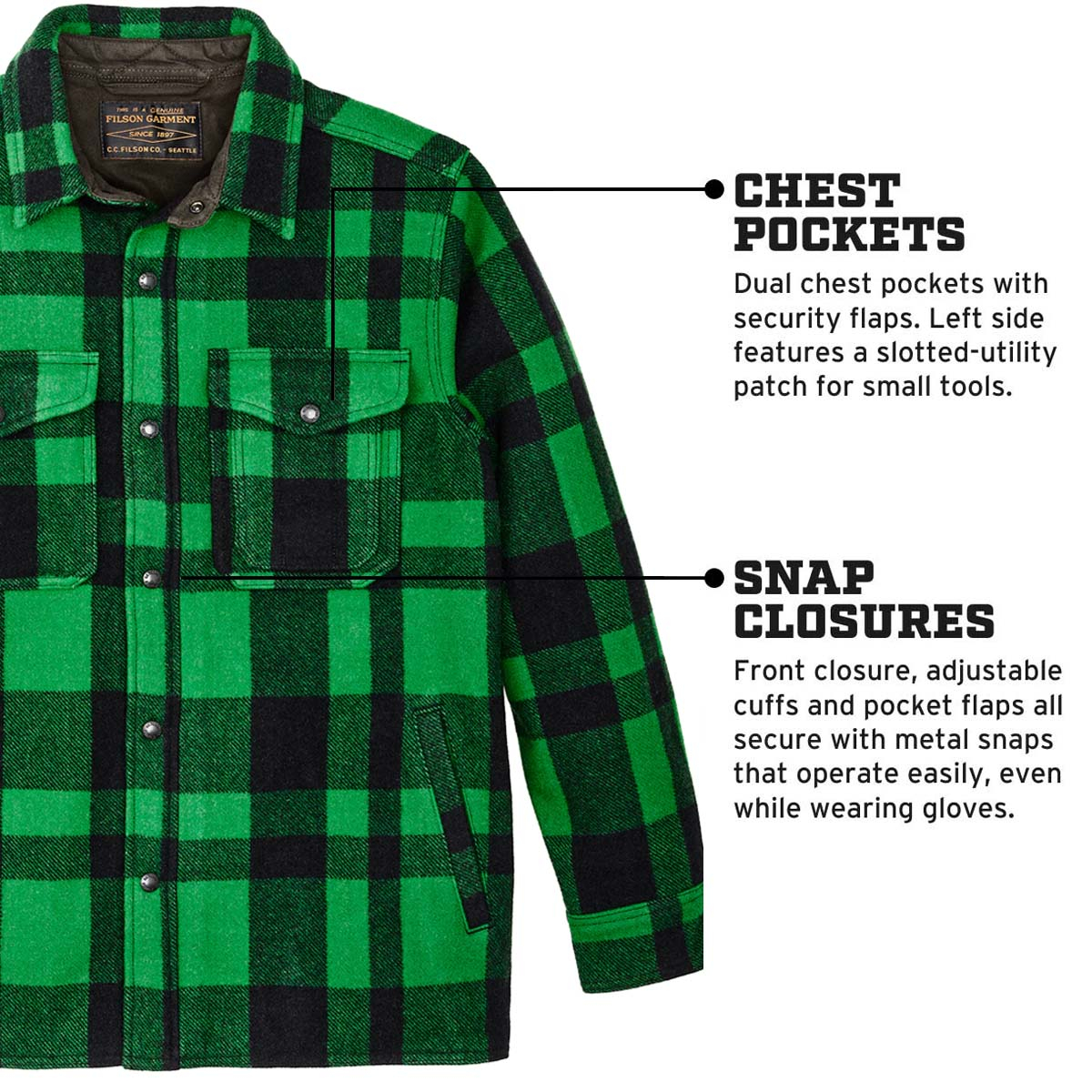 Filson Mackinaw Jac Shirt Acid Green/Black Heritage Plaid, Eigenschaften